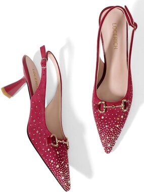 Women's Red Slingback Low Heel Closed Pointed Toe Pumps Sparkly Shoes